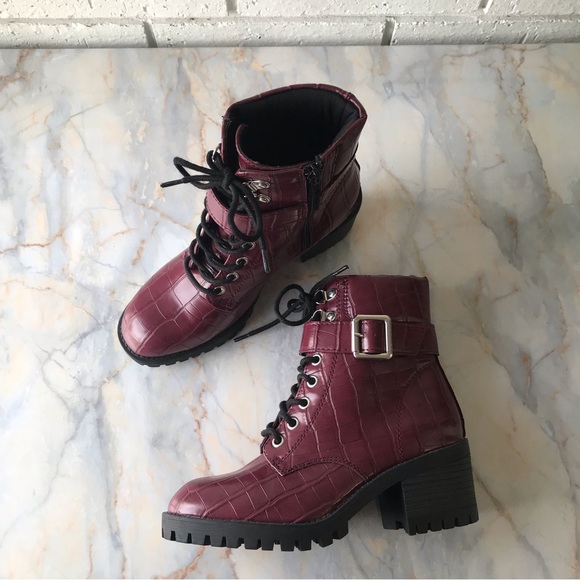 Madden Girl Shoes - Madden Girl Magenta Combat Boots Chunky Block Heel Faux Leather Holt